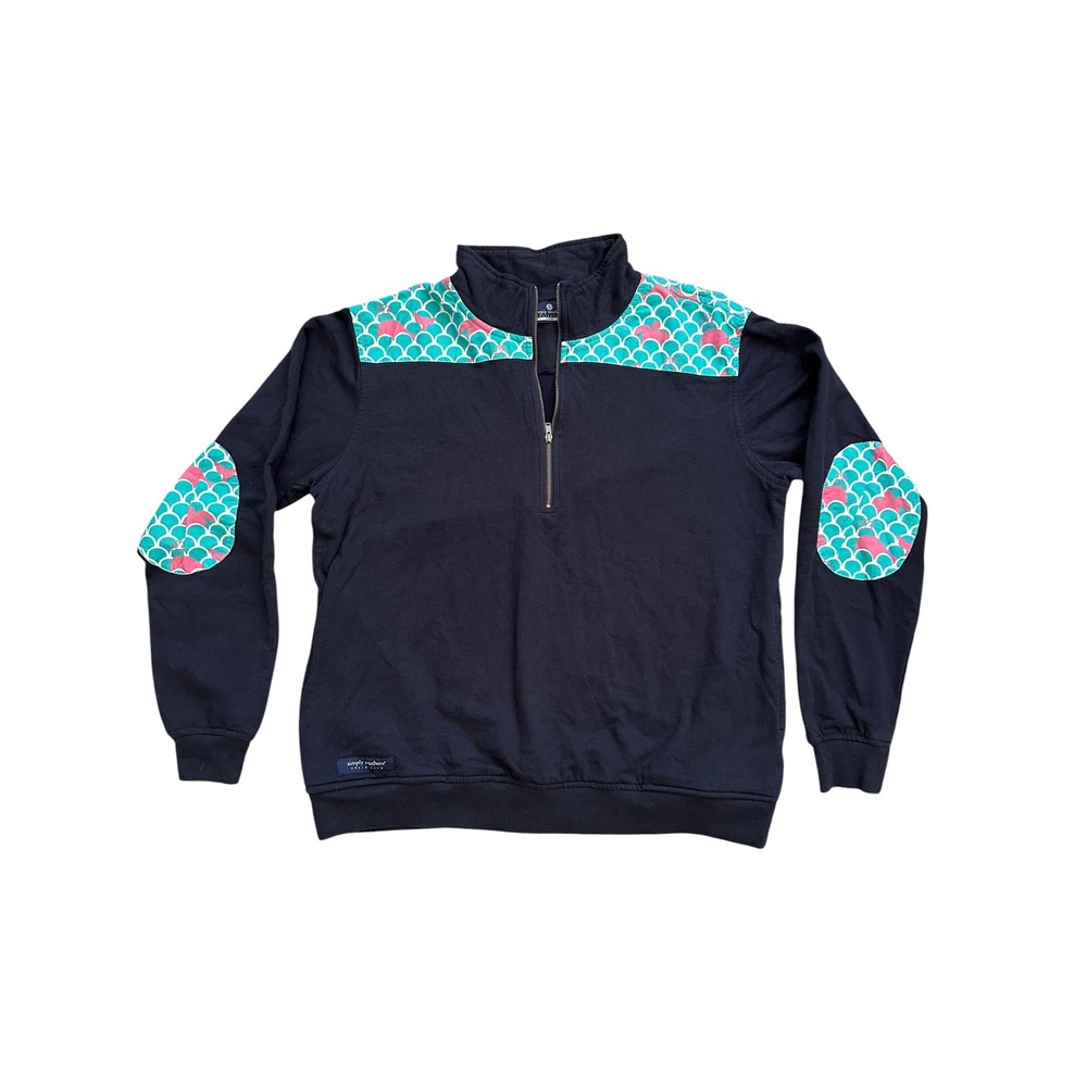 Preppy Simply Southern Whale Print Quarter Zip Pullover Large Navy Blue Coastal